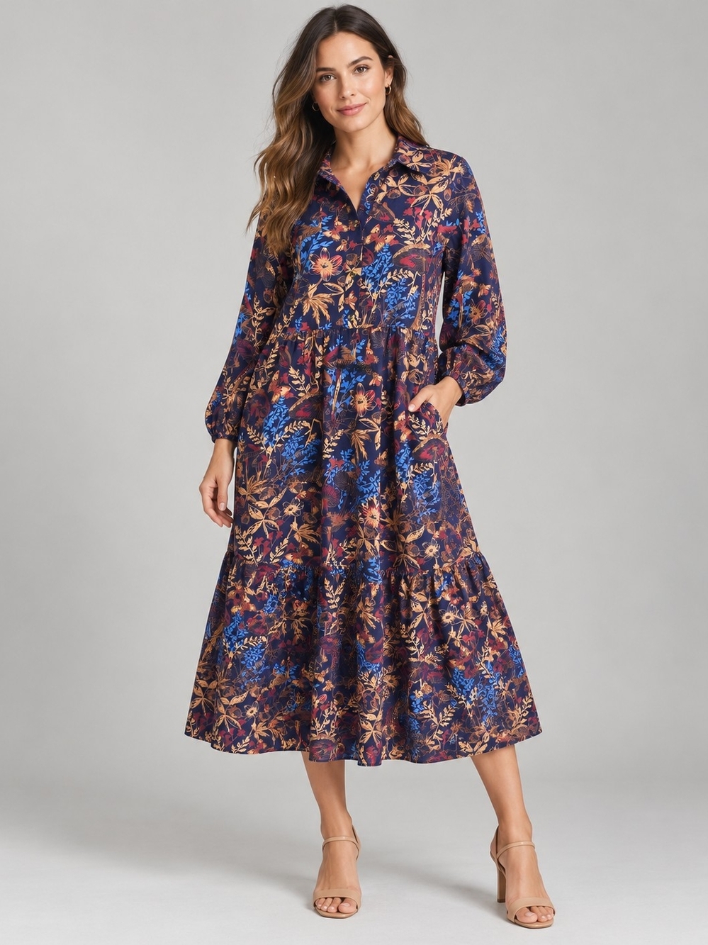 Maeve Anthropologie Bettina Cotton Midi Shirt Dress M Navy Floral NWT